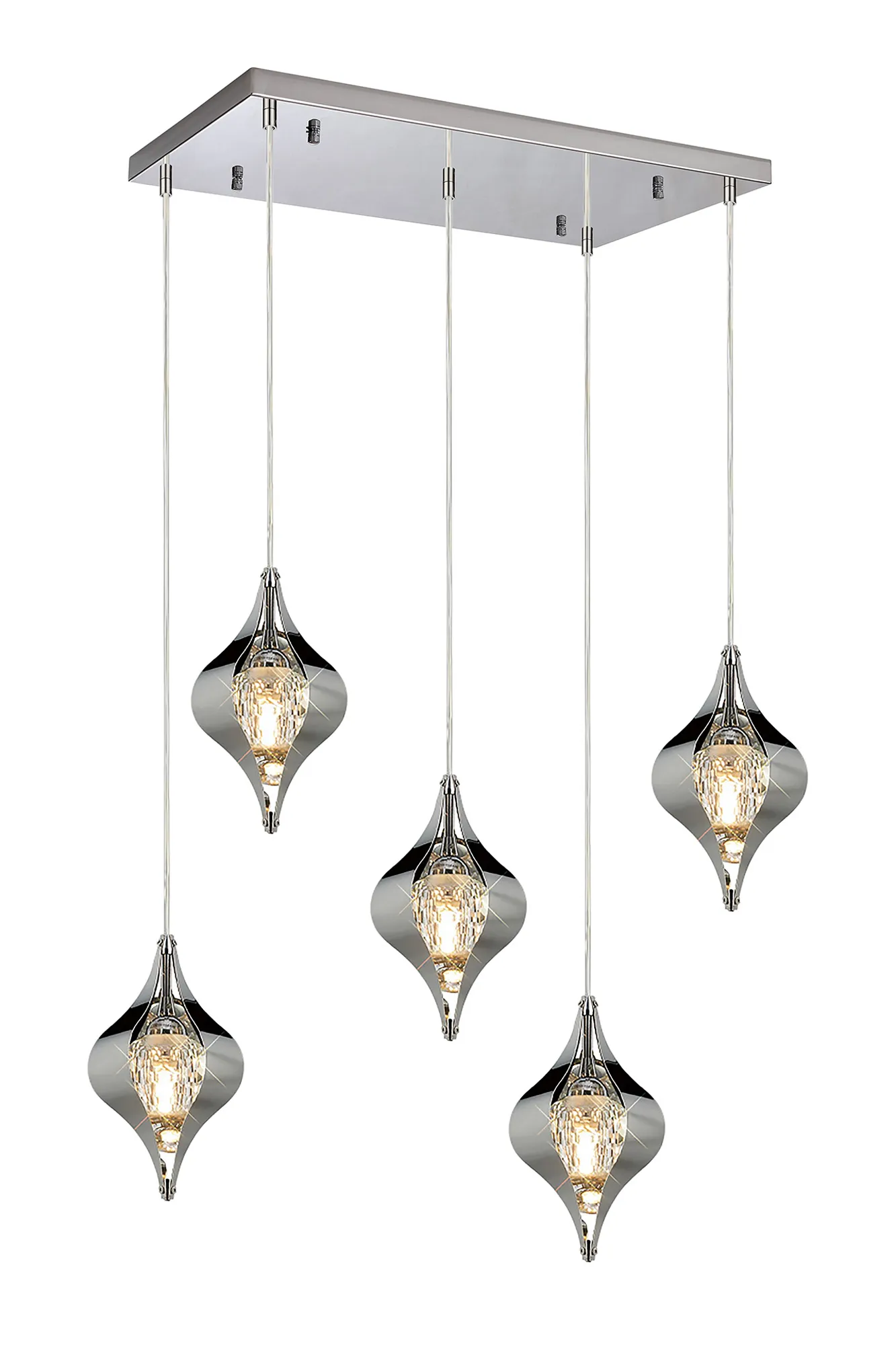 Amano Linear Rectangle Pendant, 5 Light Adjustable G9, Polished Chrome/Crystal IL31860CH  Diyas Amano